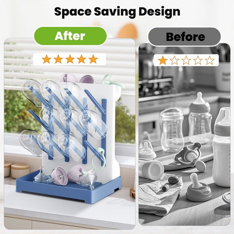 WLMALL Baby Bottle Drying Rack: Vertical Space Saving Large Bottles Holder - Standing Boon Dryer Rack Baby Accessory - Countertop Holds Up to 12 Bottles & Pump Part Cleaning & Cup (Blue) (Blue) - Image 3
